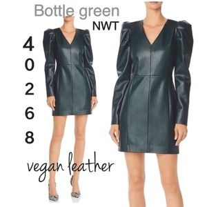 NWT (0,2,4,6,8) AQUA pleather faux vegan dark bottle green dress long sleeves V